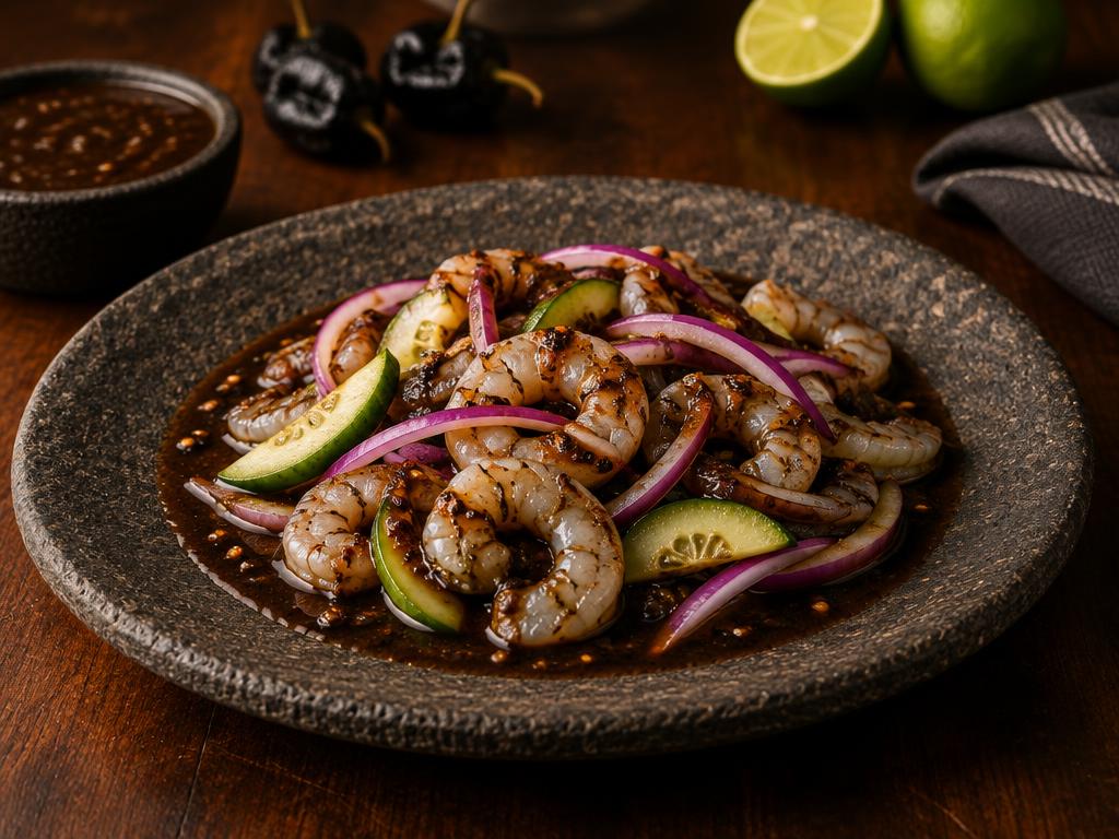 Aguachile de camarón con salsa negra de habanero preparado con Salsa negra de habanero Kompostela