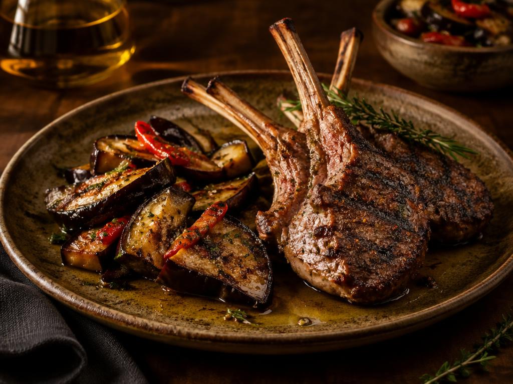Costillas de cordero con antipasto de berenjena preparado con Antipasto de berenjena Kompostela