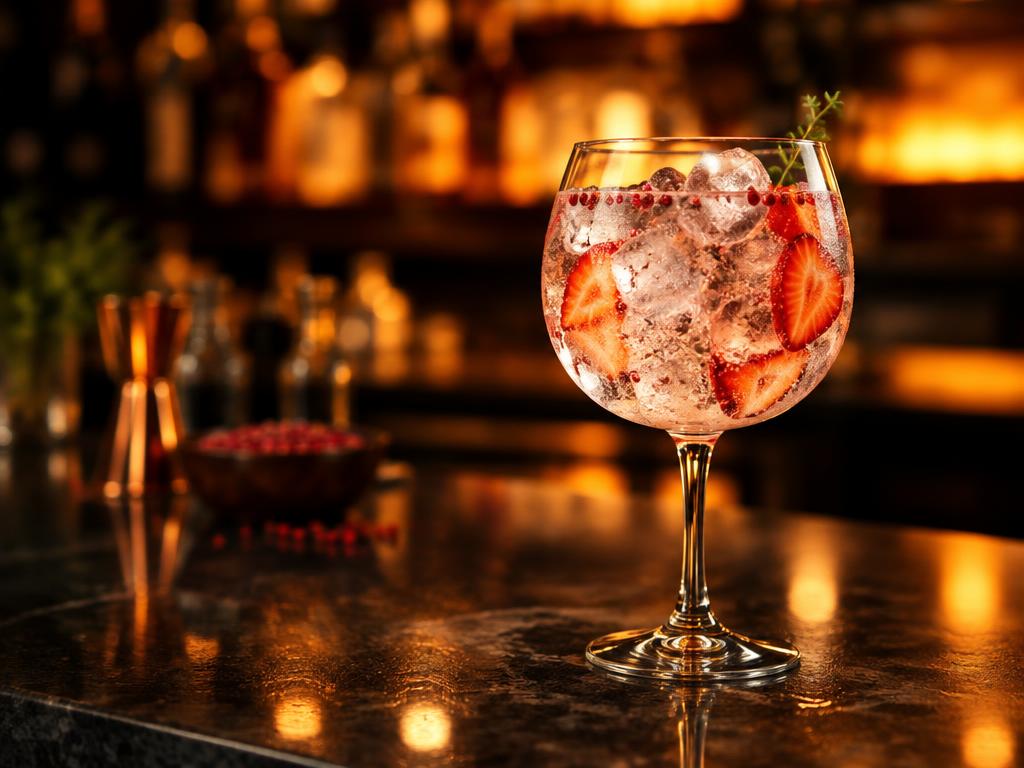 Gin tonic con pimienta roja y fresas preparado con Pimienta roja Kompostela