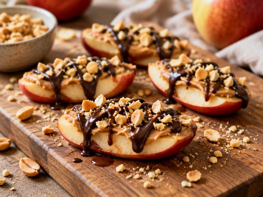 Manzana con crema de cacahuate y chocolate preparado con Crema de cacahuate Kompostela