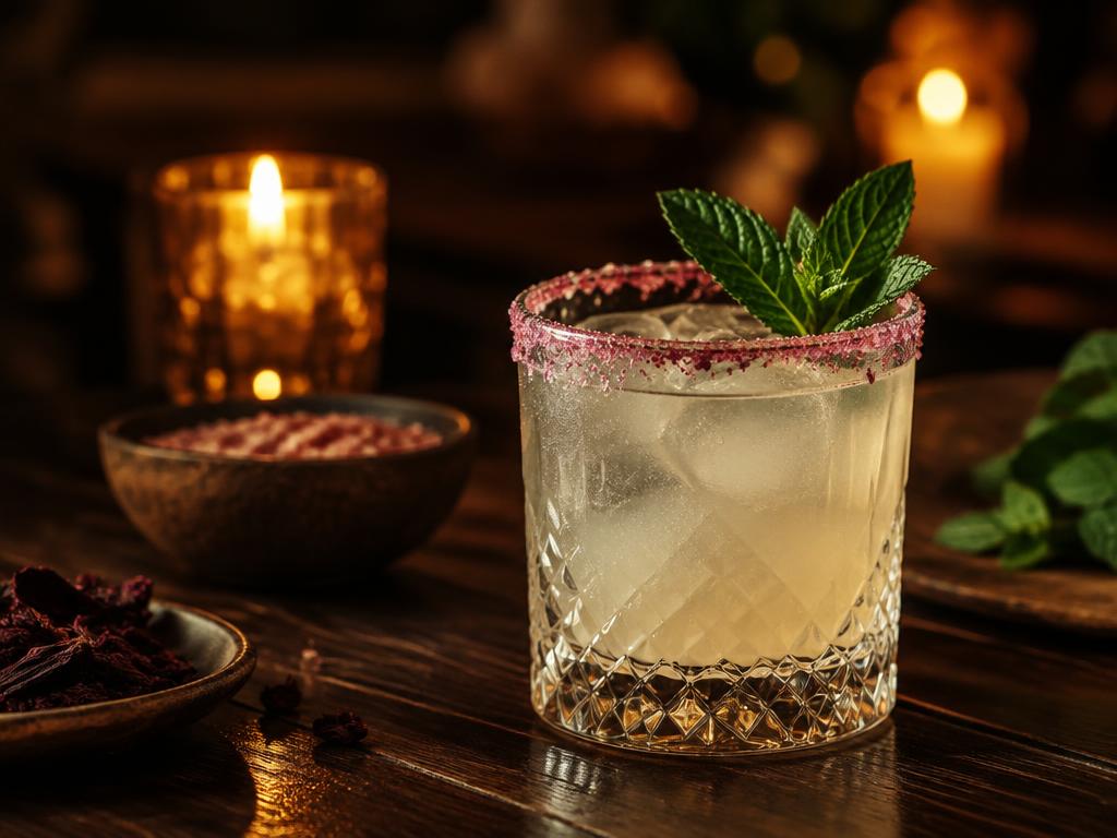 Mezcal con sal de jamaica y hierbabuena preparado con Sal de jamaica Kompostela