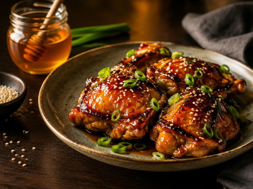 Pollo a la miel con salsa de soya preparado con Miel de abeja Kompostela