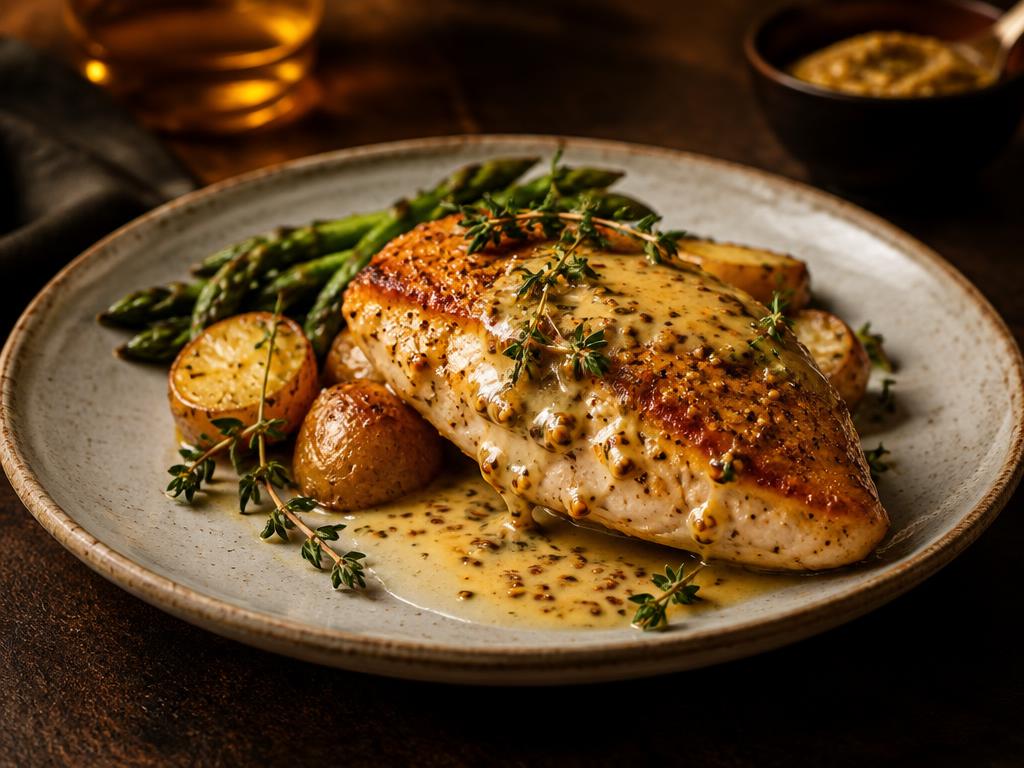 Pollo con aderezo de mostaza preparado con Aderezo de mostaza Kompostela