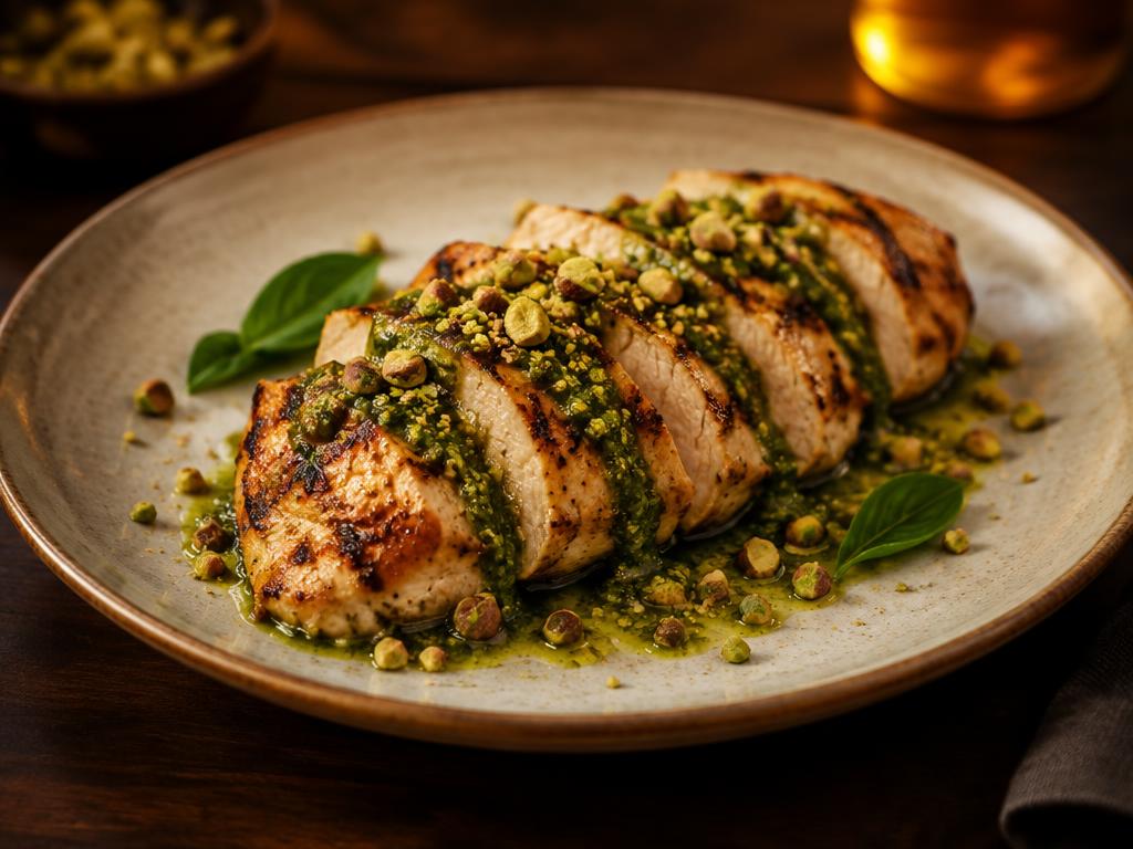 Pollo con pesto de pistache preparado con Pesto de pistache Kompostela